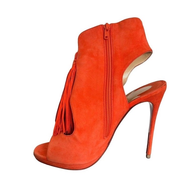 Christian Louboutin Women's Sz 37 US 7 Otoka Tassel Orange Suede Ankle Boots - Picture 4 of 12